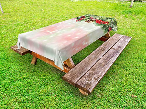 ABAKUHAUS Natale Tovaglia da Esterno, Filiali Agrifoglio Verde, Tovaglia da Picnic Lavabile Decorativa, 145 cm x 265 cm, Rosso Verde Marrone