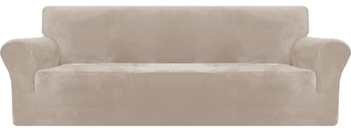 MAXIJIN Dicker Samt Extra große Sofabezüge 4-Sitzer Super Stretch Rutschfester übergroßer Sofabezug für Hunde Cat Pet 1-teiliger XL-Sofabezug elastischer Möbelschutz (4 Sitzer, Khaki)