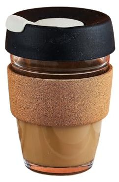 Hosoncovy 350ML Wiederverwendbare Kaffeetasse aus Glas mit hitzebeständigem Korkband-Reisekaffeetasse mit Deckel und Deckel 12 OZ Kaffeetasse (Schwarz)