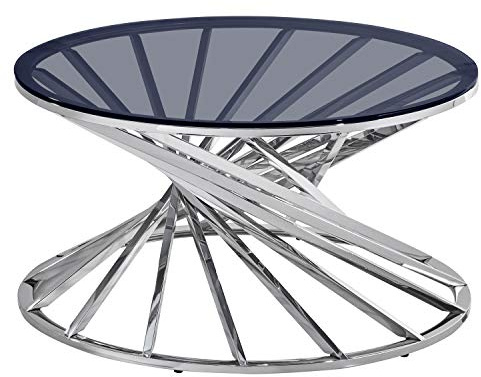 AINPECCA Silver Round Glass Coffee Table for Living Room- Stainless Steel Spiral Frame with Light Grey Tempered Glass- 80CM Modern Sleek Center Table
