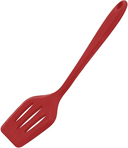 FRAVA Silicone Fish Slice/Slotted Turner, Food Turner, Spatula with Soft Grip Handle, Non Stick - Black (Red)