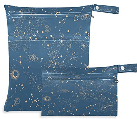 2pcs windeltasche Wet bags Wasserdicht Weltraum Mond Sterne Nasstaschen wiederverwendbar Wasserdicht Waschbar Organizer Beutel für Kleinkind Windeln Reisen Gym Strand Pool