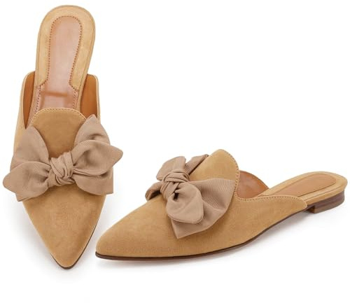 Rilista Flat Mules for Women Closed Pointed Toe Backless Mule Sandals Comfortable Slides Mules Shoes Ladies Slip-on Loafers Khaki Size 8