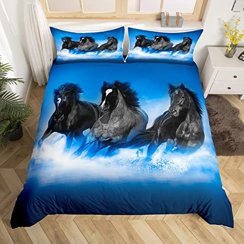 Set di biancheria da letto per cavalli al galoppo, set copripiumino per bambini, ragazzi, ragazze, animali e ragazze, copertura per piumini, animali da fattoria, blu, copripiumino matrimoniale