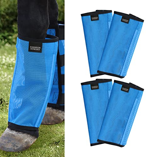 Harrison Howard Loose Fitting Fly Boots UV-Protective Extra Tough Mesh Ventilated Four Fasteners Stay-on Design Protect Horse Legs & Stomp-Reducing Set of 4 Sky Blue Large