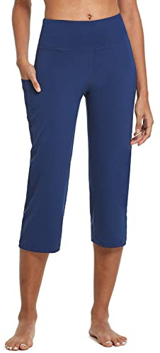baleaf Yogahose Damen 3/4 Casual Freizeithose Jogginghose gerades Bein High Waist Traininghose Arbeitshose mit Taschen Bauchkontrolle für Fitness Workout Training Freizeit Tiefblau L