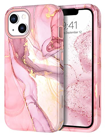 YINLAI for iPhone 14 Case Marble Pattern 3 in 1 Full Body Rugged Hard PC Back Cover Bumper, Soft Silicone Drop Shockproof Protection Girly Women Case for iPhone 14 6.1, Rose Gold Pink