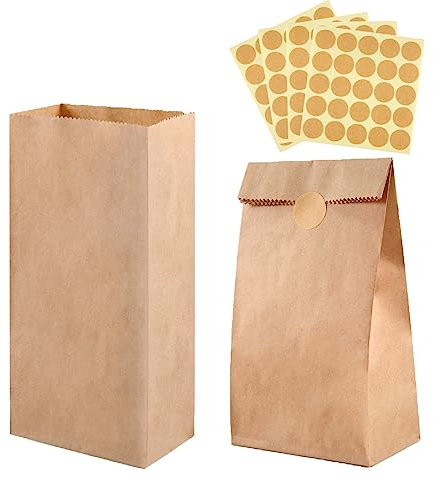 ihaspoko 100 braune Kraftpapiertüten 27×15×9cm, mit 100 runden Aufklebern | Blickdicht, Für Hochzeit Geburtstag Party, Basteln DIY und Geschenke, Plastikfrei