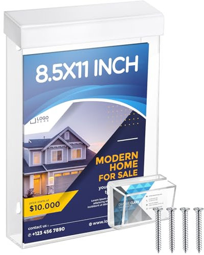 Barydat 8.5 x 11 Inch Outdoor Brochure Holder with Lid Acrylic, Wall Mount Waterproof with Business Card Holder, Clear Literature Box with 4 Screws for Pamphlet Flyer Map Document Display