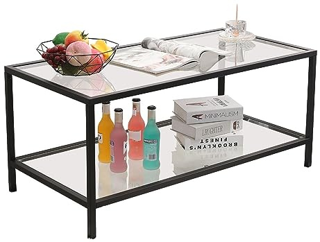 Couchtisch Glasgow Metallgestell rechteckiger Wohnzimmertisch Glas Couchtisch Schwarz Mattglanz Kaffetisch Tisch für Wohnzimmer mit unterer Ablage
