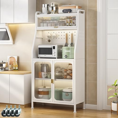 YOIZO Mueble Auxiliar de Cocina Estantería Cocina Blanca 36x66x162cm con Puertas y Estantes, 5 Niveles Estanteria 4 Patas Ajustables y Ruedas Giratorias Blanca, (66cm)