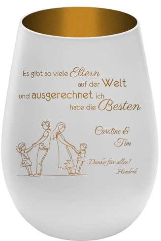 Windlicht mit Gravur Beste Eltern - personalisierbar mit Namen - Weiß/Gold - Höhe 12 cm - Geschenk Teelichthalter Familie Mama Papa