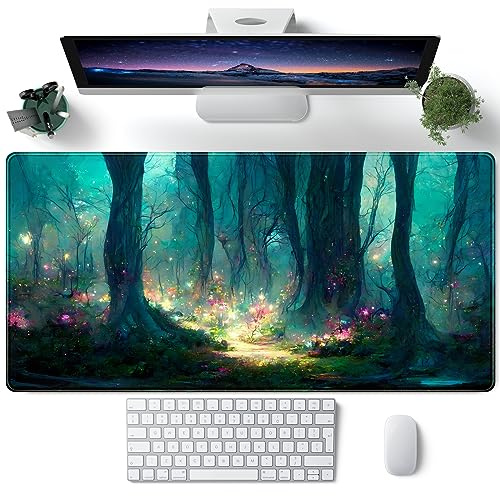 Skrivbordsunderlägg med skogsmotiv, blå grön musmatta, stor musmatta, laptop, dator, tangentbord, gaming, XXL 80 x 40 cm, söt skrivbordsmatta