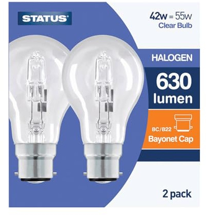 Status Pack of 2 x Halogen GLS 42watt Equivalent to 55watt Clear Bayonet Cap Warm White Light Colour 2700k Fully Dimmable
