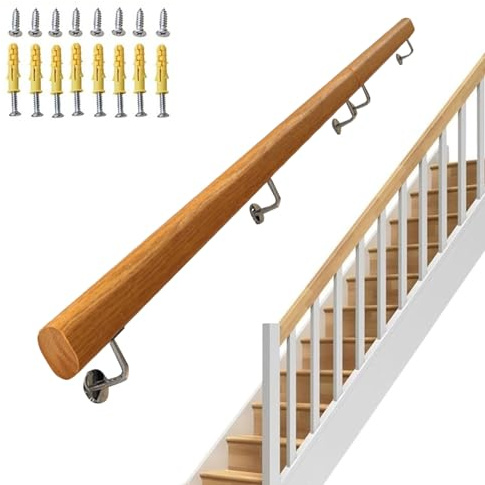 Liyadolaam Wood Bannister Rail Handrail for Stairs - Complete Kit. Solid Wood Indoor Hand Railings Support Rod Wall Mount Staircases Grab Bar with Stainless Steel Brackets Parts (Size : 8ft/240cm)