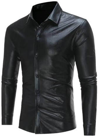 Chemise en Cuir pour Hommes Manteau De Discothèque Enduit Métallique Argent Or Noir Manches Longues Boutonné Hiver Automne