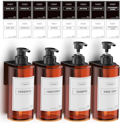 Anhow 4 st schampo- och balsamdispenser, 500 ml tvåldispenser väggmonterad 47 ml borrfri tvåldispenser med 12 st etiketter för badrum, kök - brun