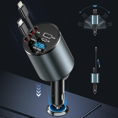 BOOTEEK Einziehbares Auto Ladegerät 4 in 1 Auto Ladegerät Zigarettenanzünder mit Einziehbaren Kabeln und Spannungsanzeige, für 12V/24V-Fahrzeuge, Kompatibel mit I Phone, Android, Samsung Galaxy