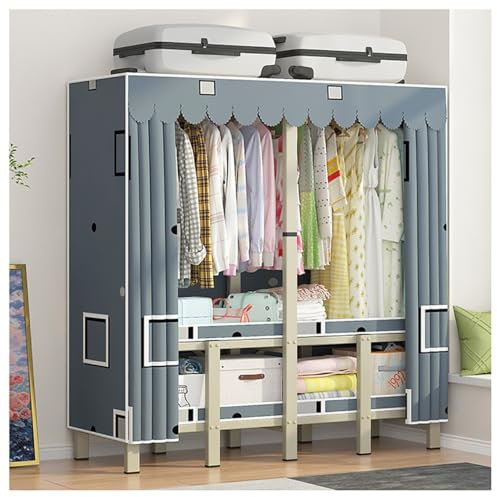 Tragbarer Kleiderschrank mit Abdeckung für Schlafzimmer, Faltbarer Kleiderständer aus Metall mit 4 Ablageflächen und 2 Hängestangen zum Aufhängen von Kleidung (Farbe: Grau, Größe: 145 x 50 x
