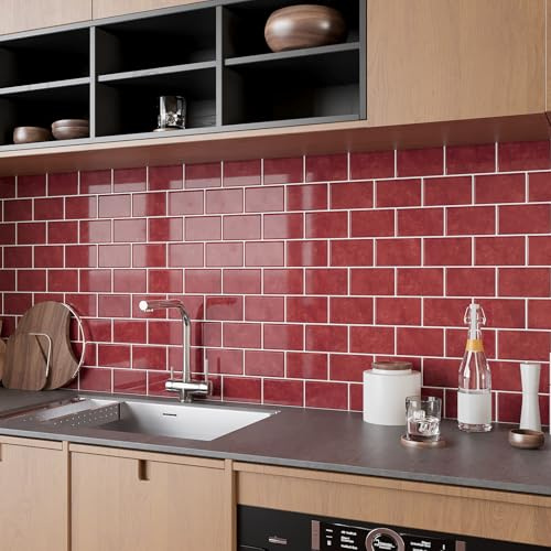 VEELIKE Carrelage Adhesif Mural Rouge Vintage 3D Rectangulaires Carreaux Adhesif Cuisine Credence Adhesive Salle de Bain Stickers Carrelage Blanchisserie Imperméable Amovible 30.5cm×30.5cm 6 Pièces