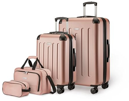 Amazon Basics Hartschalenkoffer-Set, 4Stück, Großer Koffer, Handgepäckkoffer, Tragetasche, Kompakte Reisetasche, Erweiterbar, 4 Spinner-Räder, Roségold