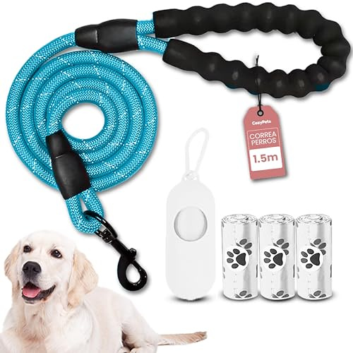 COZYPETS Correa para Perros - Correa Básica de 1.5m con Mango Acolchado y Reflectante - Incluye 3 Bolsas para Caca y Dispensador - Correa Perro pequeño, Mediano, Grande