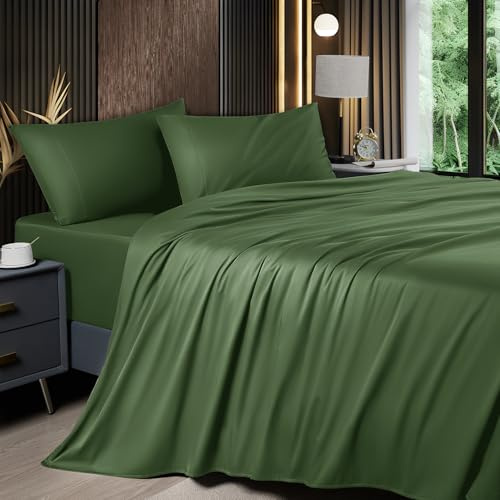Shilucheng 4 Piece Queen Sheet Sets, Cooling Sheets, Blend Rayon Derived from Bamboo, Deep Pocket Up to 16, Breathable & Soft Bed Sheets, Hotel Silky Bedding Set, Olive Green