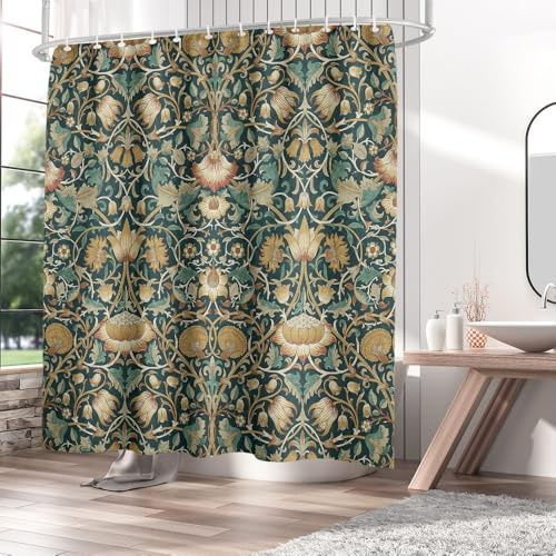 William Morris konst retro växt naturligt blommönster duschdraperi, vattentätt snabbtorkande polyestertyg badrum duschdraperi set med 12 krokar 180 x 180 cm polyester