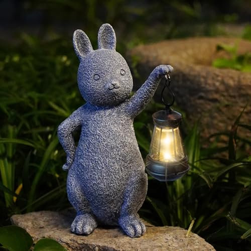 FUFRE Osterhasen Figuren, Solarleuchten für Außen, Osterdeko für Draußen aus Harz, Deko Hase, Osterdekoration, IP44 Gartenfiguren für Draußen Wetterfest, ideal Ostern Garten Balkon Deko (A)