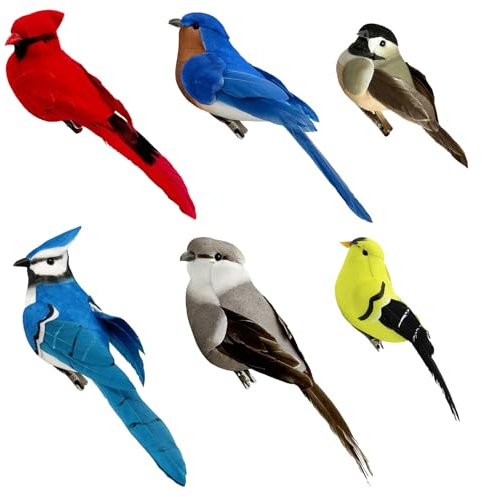 FBIRDY 6pcs Artificial Birds Feathered Song Bird Clip on Christmas Tree Ornaments for Garden Decoration Wreath Crafts, Assorted Colors