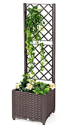 FANTASK Blumenkasten mit Rankgitter, Hochbeet mit Spalier, Pflanzkasten für Kletterpflanzen, 80 x 40 x 140 cm, Braun