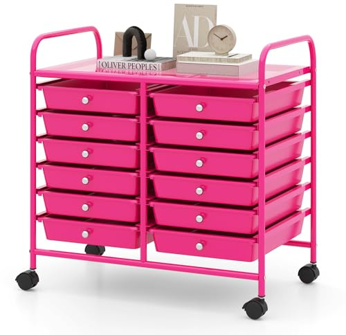 GOPLUS Rollwagen mit 12 Schubladen stapelbar, Rollcontainer mit Ablage & Metallgestell, Badregal, Schubladenwagen, Aufbewahrungswagen, für Büro, Zuhause (Rosa)