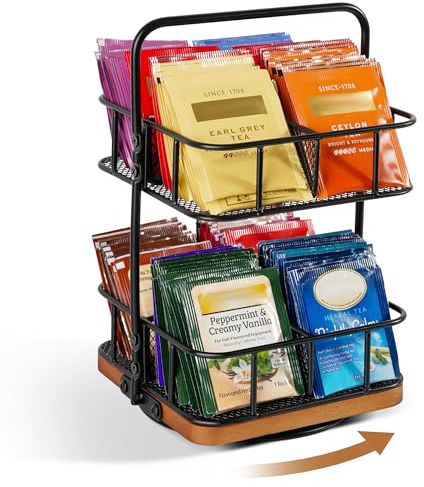 Rotation 2 Tier Tea Bag Organizer, Iron Art Tea Organizers, Acacia Wood Stand Teabag Holder with Handle Easy to Move and 8 Basket Tea Caddy for Tea Bags Organizer for Pantry, Kitchen, Gift Giving