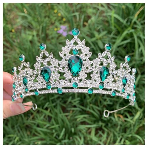 Hrlace Kristallkrone Braut Kopfschmuck Prinzessin Krone Stirnband Kristall Strass Tiara Brautkrone Haarschmuck für Frauen Mädchen Hochzeit Geburtstag Party Festzug Abschlussball Silber+Grün