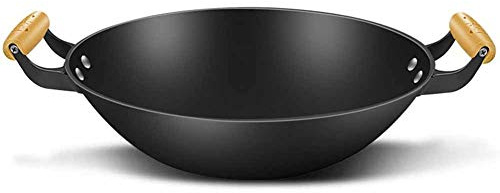 Aioneer Padella Binaurale in Ferro Non Rivestita, Padella in Ghisa per Uso Domestico Vecchio Stile, Fondo Rotondo Multifunzionale, Padella Antiaderente Sana E Antiruggine, Wok A -Flat Bottom Wok-36CM