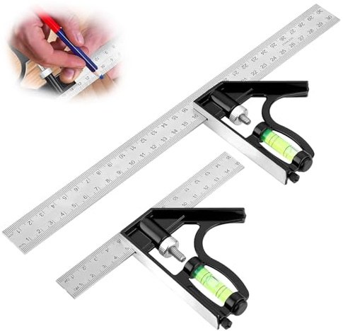 2 Pcs Square Carpentry Metal Set, 150 + 300mm Combination Square Tools with Spirit Level & Marking Needle, Multifunctional Right Angle Ruler for Woodworking Engineers Woodworkers