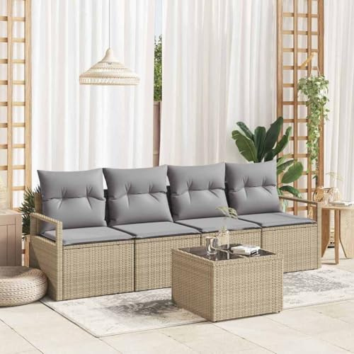 Runheo Garten Loungeset 5-teilig, Beige Grau Poly Rattan, UV-beständig, wetterfest, modular, mit Kissen, Stahlrahmen, für Terrasse, Balkon, Garten, 170-190 cm