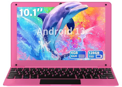 Mini Ordinateur Portable 10,1 Pouces Rose, Android 12,Cortex A523 Quad-Core,4 Go RAM 128Go SSD,Écran IPS HD,WiFi Bluetooth 5.0,Caméra,USB 3.0 Type-C,Souris,Film de Clavier AZERTY,Léger et Compact