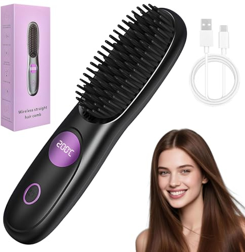 Go Brush Pro Glättbürste, Glätteisen mit Kabellos, Wiederaufladbar Warmluftbürste, Glättungsbürste Stylingbürsten, Haarglätter Bürste, Hair Straightener für Damen Mädchen Langes Kurzes