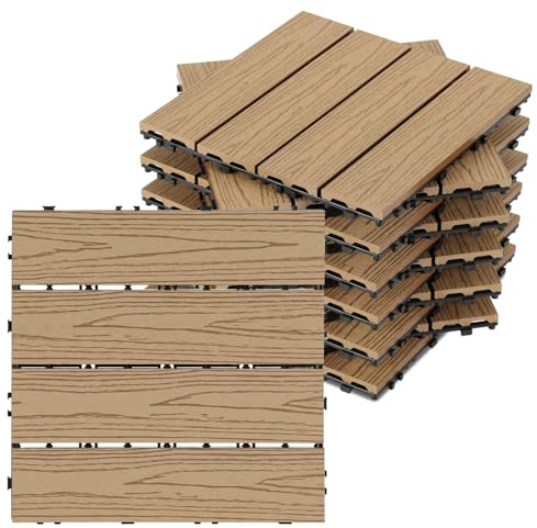 Peviasot WPC Terrassenfliesen Holzoptik, 30x30 cm WPC Fliesen 66 Stück=6m² Terrassendielen Balkonfliesen mit Klicksystem & Drainage, Wasserfest und Rutschfest, Teak