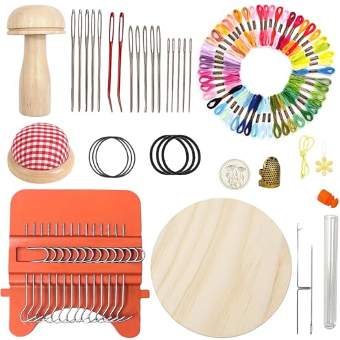 FARYODI Stopf-Mini-Webstuhl-Sets, Mini-Stopfpilz mit 50 Farbigen Fäden, Komplettes Stopf-Set für Anfänger zum Schnellen Ausbessern von Jeans und Socken, Kunstvolle DIY-Muster, Reparatur von Kleidung