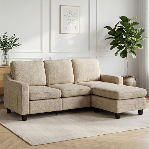 Sofa 3-Sitzer mit Hocker, flexible L-Form Couch als Ecksofa, weicher Stoffbezug mit hochdichter Schaumstoffpolsterung, Loungesofa für Wohnzimmer, Schlafzimmer, Büro und kleine Räume, Khakibeige