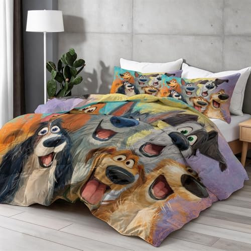 Generiskt tecknat täcke utan överdrag 155 × 220 cm – djur söt hund året runt täcke med 2 örngott 80 x 80, förstärkta sömmar vändbart täcke tvättbar, fyra säsonger sovtäcke, färgglad