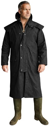 Game Technical Apparel Mens Stockman Long Length Wax Riding Cape Coat with Tartan Lining (M, Black)
