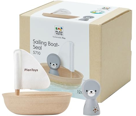 PlanToys Bateau à Voile avec Phoque - Jouet de Bain en Bois pour Enfants dès 1 An - Jouet Aquatique avec Bateau et Phoque Amovible - Set de 2 Pièces pour Piscine et Baignoire