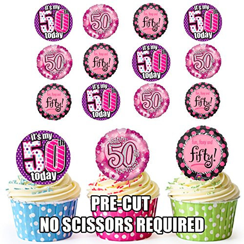 AK Giftshop Fun Ladies Pink 50th Birthday Mix, 12 Cup Cake Toppers, Edible Stand Up Decorations