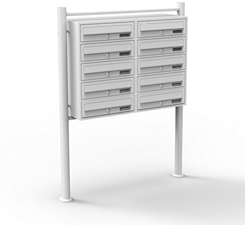 Wiltec 10er Briefkastenanlage weiß 945 x 270 x 1500 mm, Standbriefkasten mit 2x5 Fächern, Schlüssel und Namensschild, Briefkasten Postkasten mit Ständer