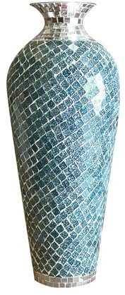 Bodenvase, Mosaikvase, dekorative Metall-Mosaik-Vase in geometrischem Muster, gewellte Form mit Glas, Marmoriert Blaugrün & Silber