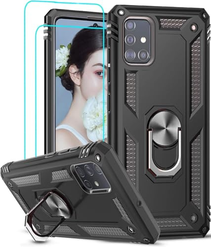 LeYi Schutzhülle für Samsung Galaxy A51 4G mit [2 Stück] Hartglas, Ringhalterung, doppelte Schicht, verstärkt, Stoßdämpfung, TPU, Silikon, stoßfest, Schutzhülle für Samsung A51, Schwarz
