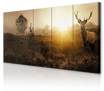 decomonkey Wandbilder Hirsch 150x60 cm XXL 5 Teilig Leinwandbilder Wanddeko | Bild auf Leinwand, Kunstdruck, Wohnzimmer, Wanddekoration, Natur, Landschaft
